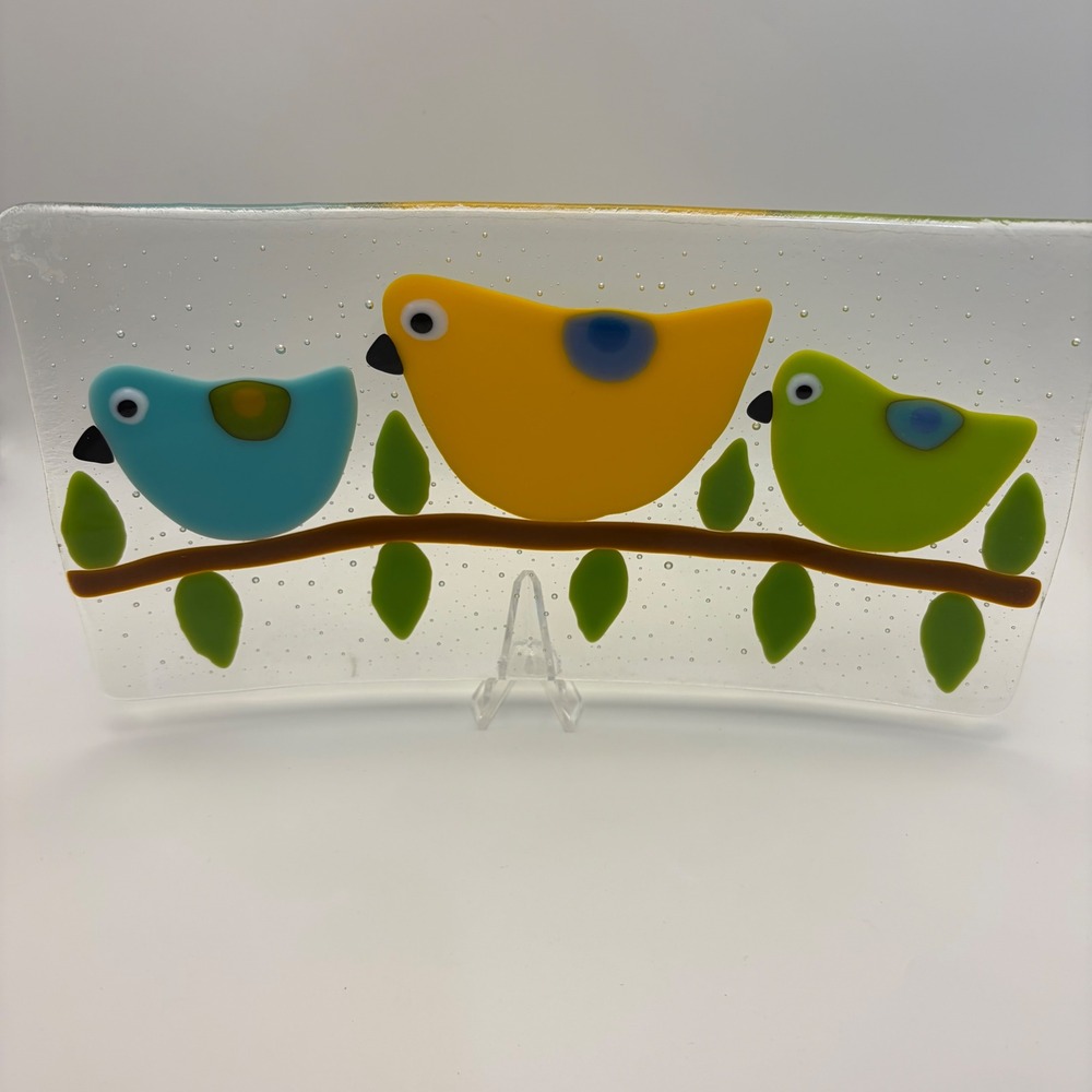 Handmade Fused Glass Bird Tray Multicolor Whimsical Rectangular Dish 9.5x4.75